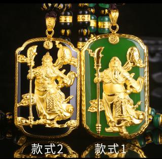 奥齐莱金镶玉碧玉关公吊坠墨玉关二爷大牌玉佩999足金和田玉项链 款式